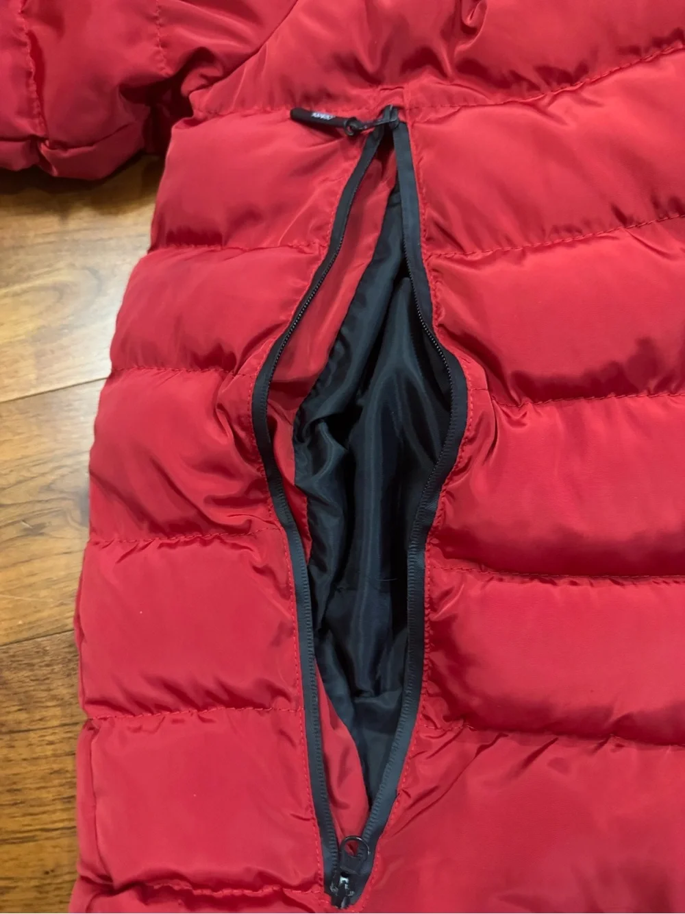Karl Lagerfeld Red Hooded Puffer Jacket with Icon Patch- size s